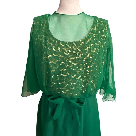 Mike Benet Formals Gorgeous Vintage 70s Emerald Green Chiffon Long Dress Size 14 - Picture 4 of 11